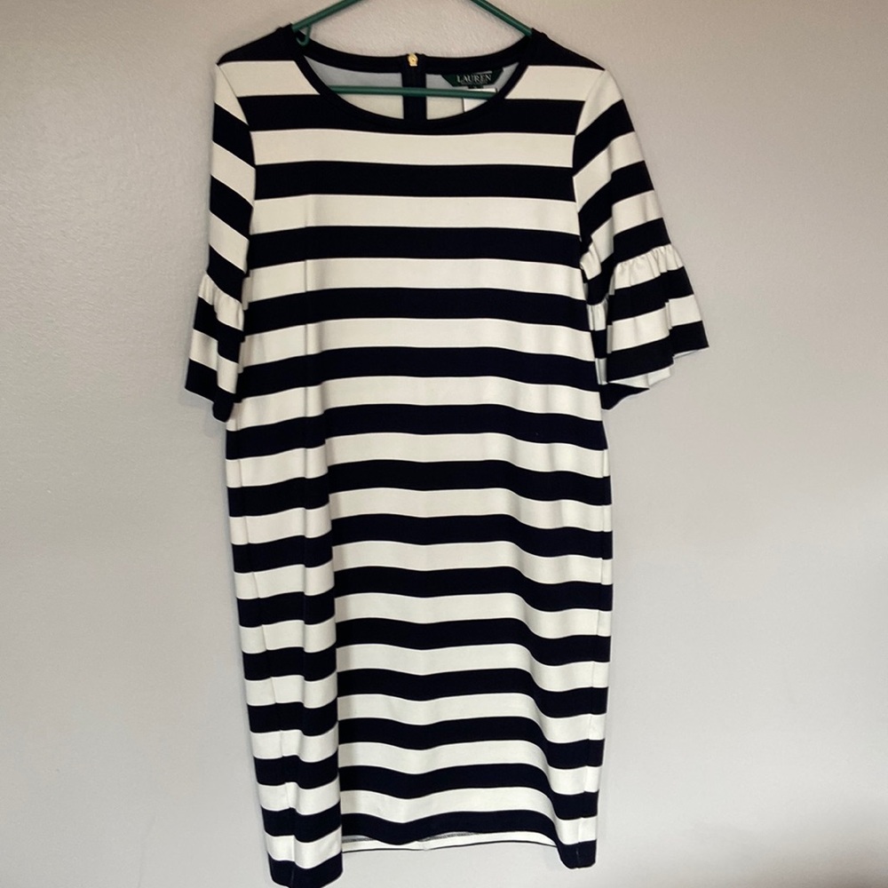 LRalph Lauren Navy White Striped Dress Womens Med Bell Sleeve Midi Nautical